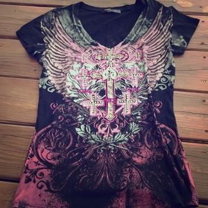 Angels & Diamonds black V Neck with gemstones.